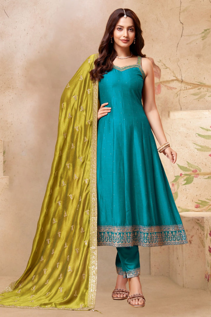 Rama Blue Stone, Thread, Zari and Zardozi work Anarkali Style Salwar