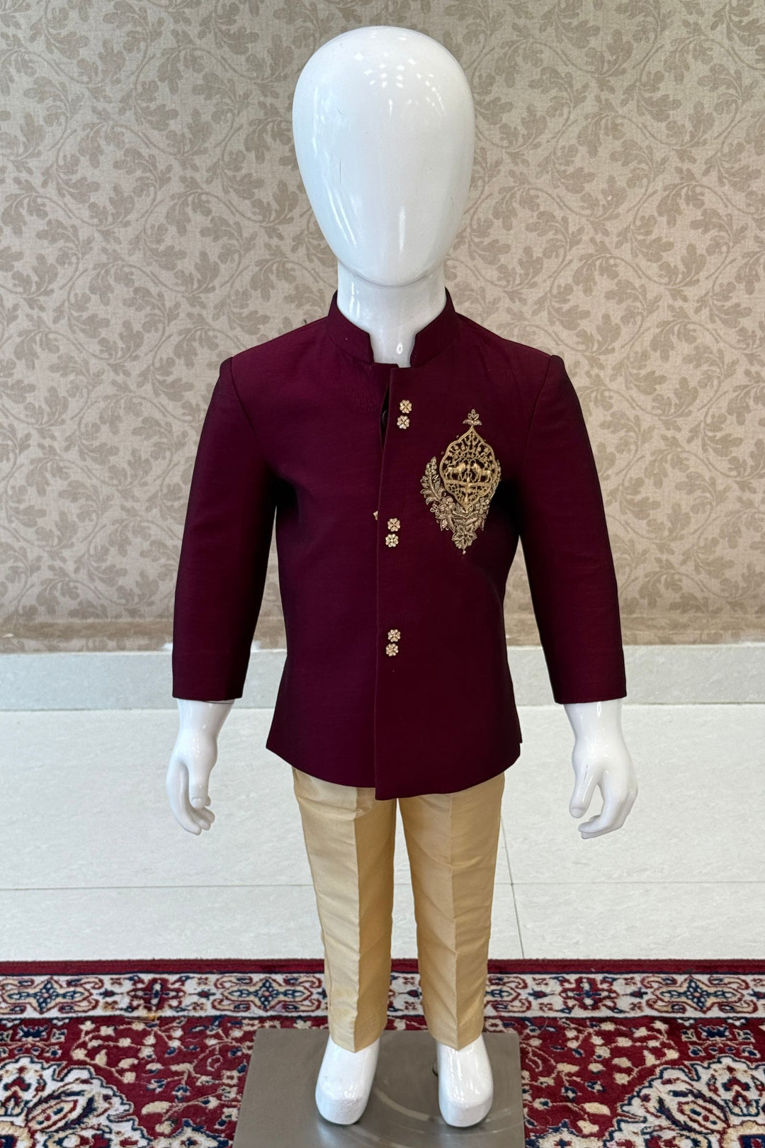 Maroon with Gold Zardozi and Zari work Jodhpuri Suit for Boys