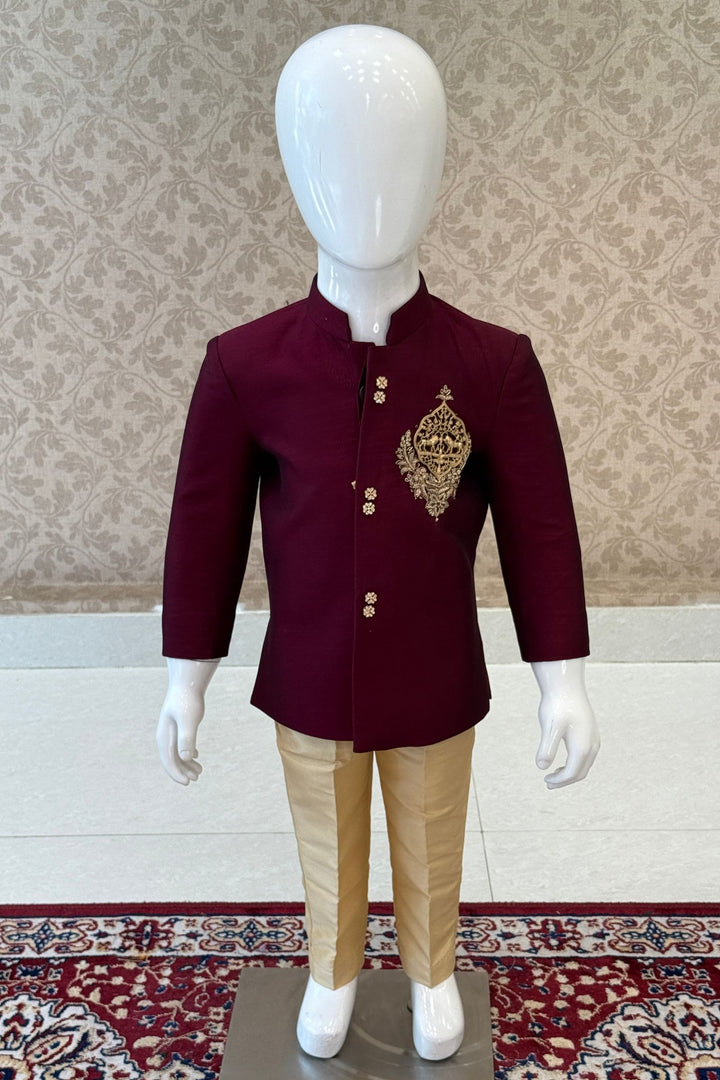 Maroon with Gold Zardozi and Zari work Jodhpuri Suit for Boys