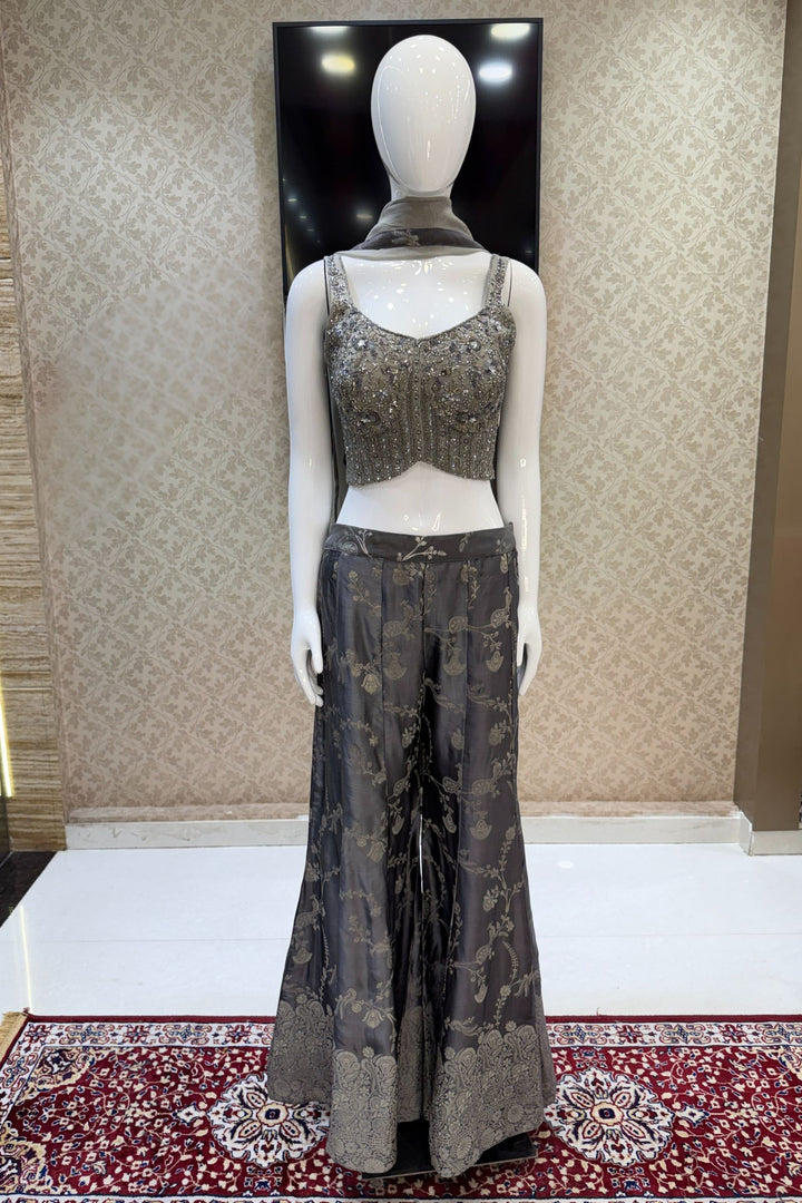 Grey Beads, Sequins, Pearls, Stone and banaras work Crop Top with Palazzo Pant
