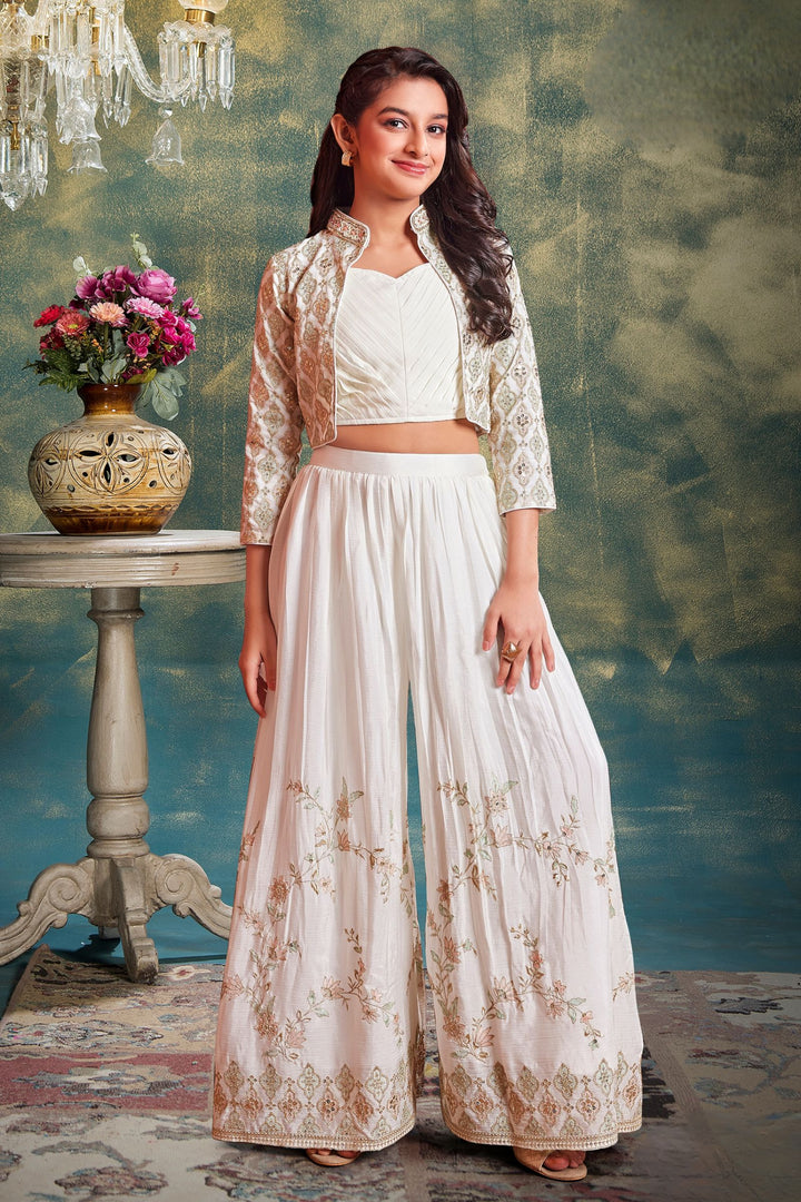 Cream Sequins, Mirror and Golden Zari work Jacket Styled Palazzo Set for Girls