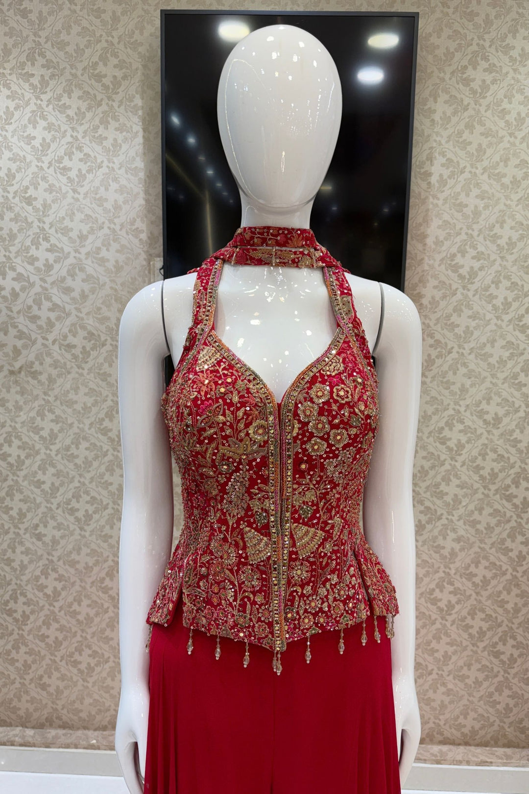 Red Mirror, Stone, Beads, Sequins, Thread and Zari work Palazzo Salwar Suit