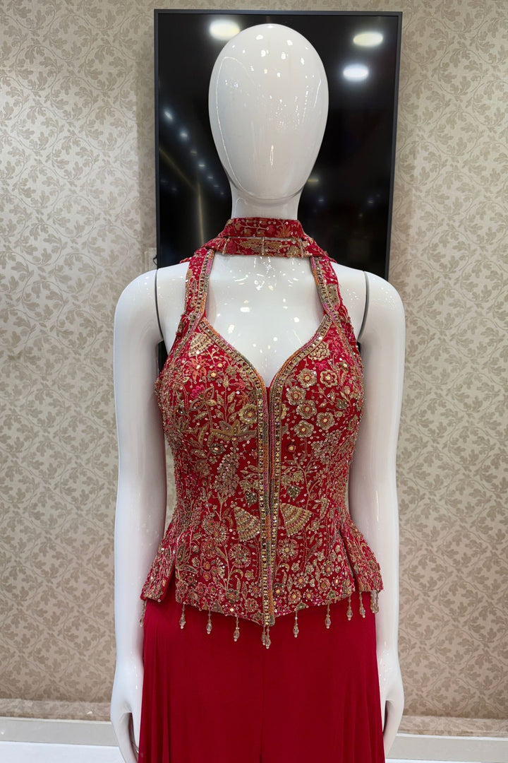 Red Mirror, Stone, Beads, Sequins, Thread and Zari work Palazzo Salwar Suit
