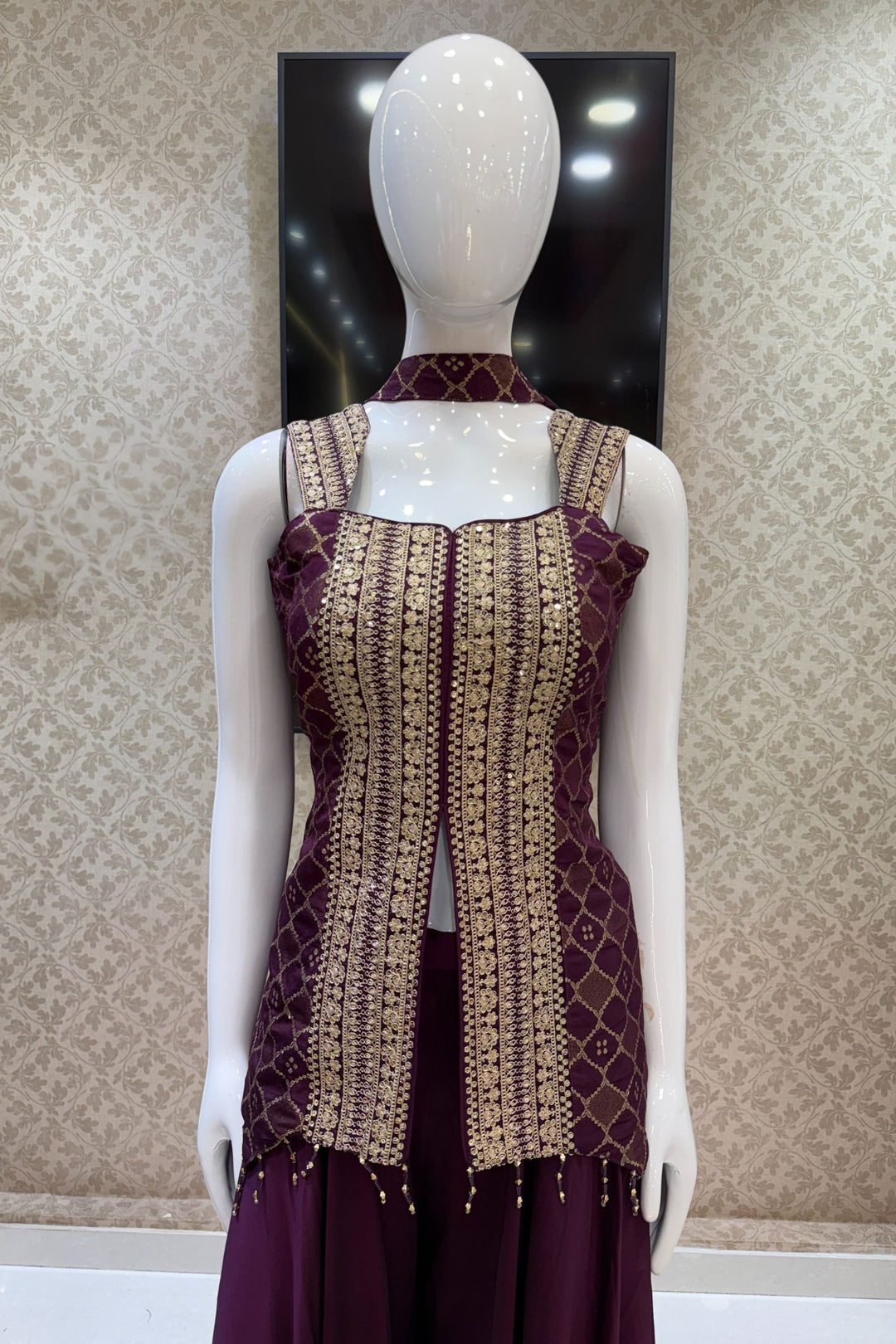 Wine Banaras Zari, Sequins and Zari Thread work Palazzo Suit Set