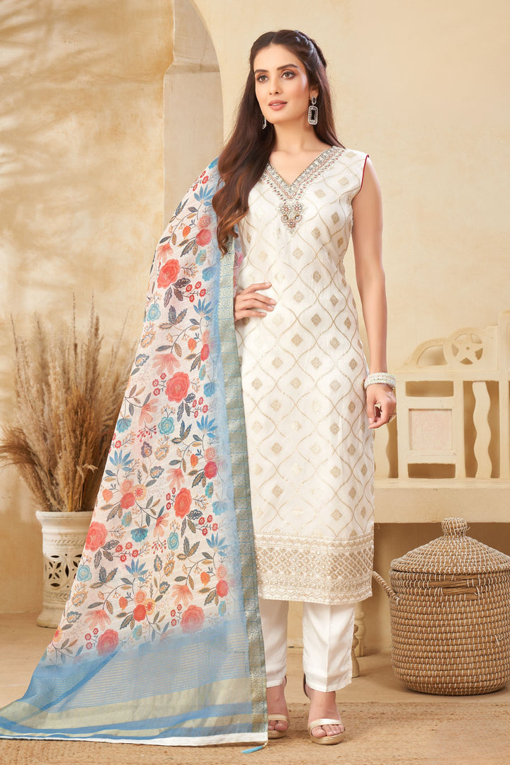 White Banaras, Stone, Gota Patti, Mirror, Thread and Zari work Straight Cut Salwar Suit