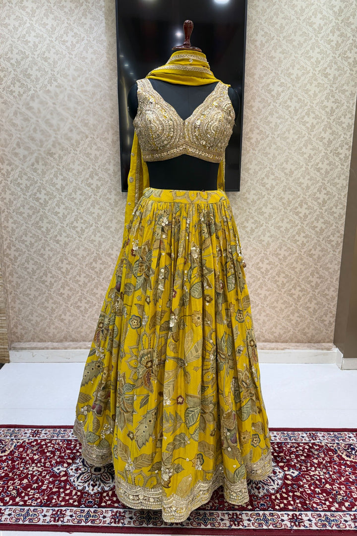 Olive Green Sequins, Stone, Beads, Zari and Zardozi work with Digital Print Crop Top Lehenga