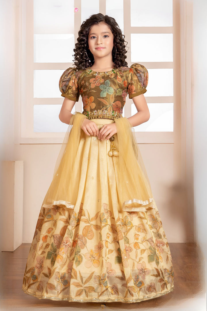 Green with Sandal Zari, Sequins and Beads work with Floral Print Lehenga Choli for Girls