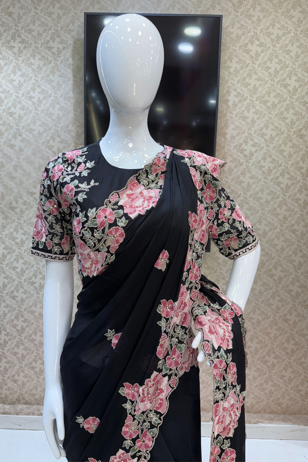 Black Embroidery, Sequins, Pearl and Zari work Saree
