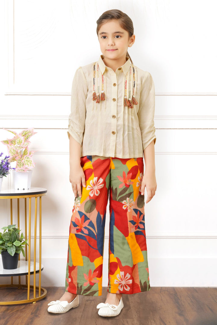 Cream Thread work with Multicolor Digital Print Palazzo Set for Girls