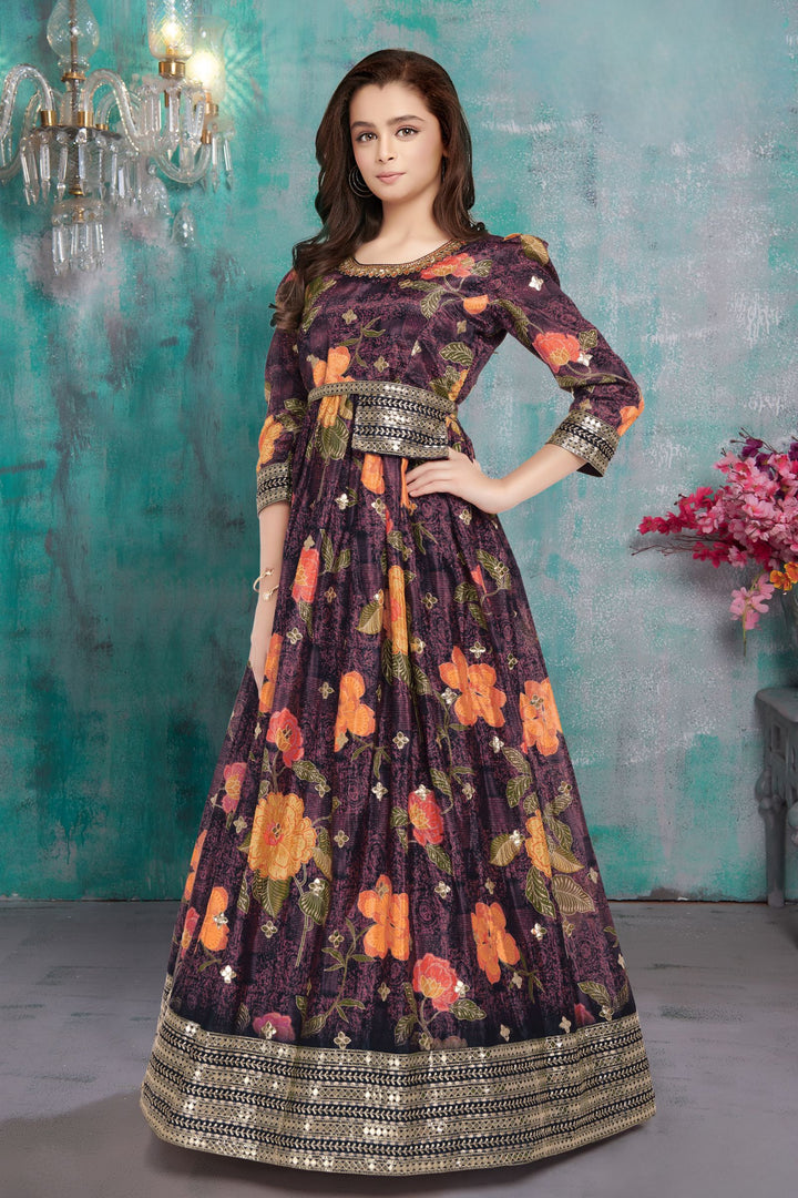 Wine Gota Patti, Mirror and Sequins work with Floral Print Long Party Gown for Girls