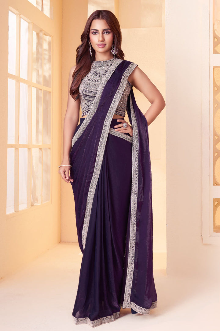 Purple Readymade Saree with Pearl, Zari, Mirror and Stone work Readymade Blouse