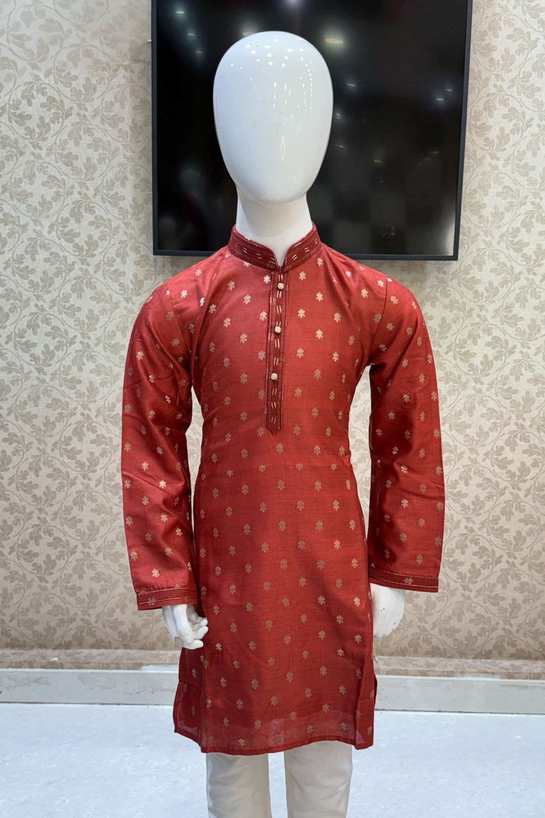 Brick Red Zari work Kurta Set for Boys