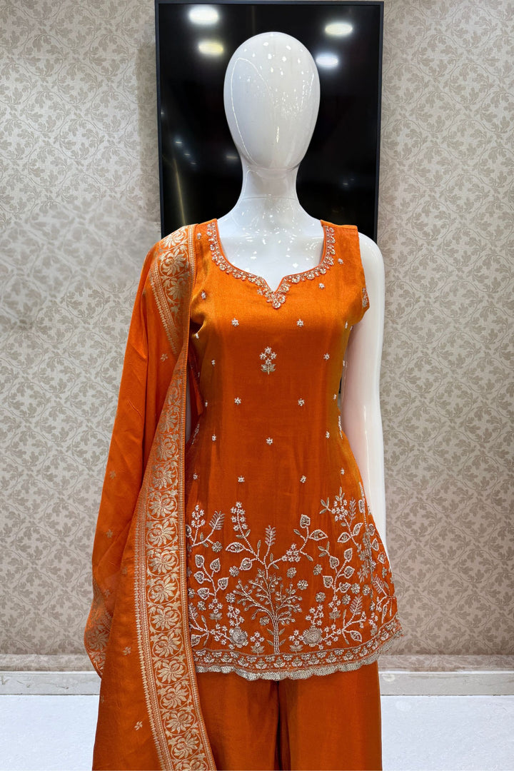 Orange Beads, Sequins and Zari work Palazzo Salwar Suit