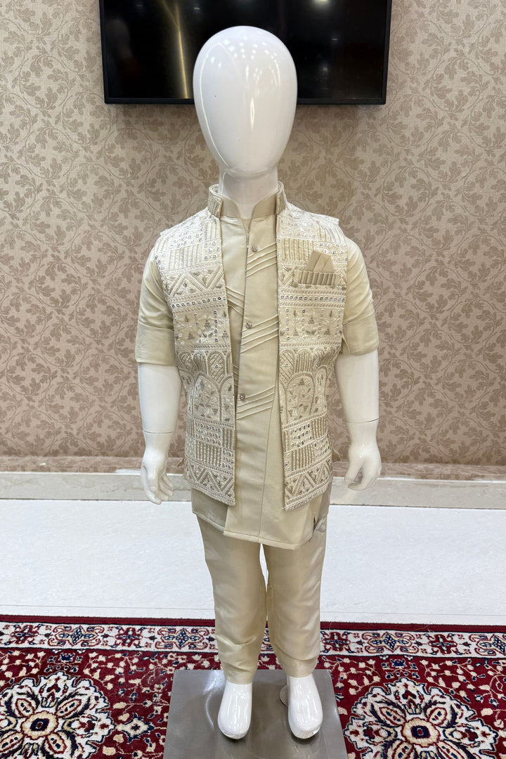 Beige Thread and Sequins work Waist Coat Kurta Set for Boys