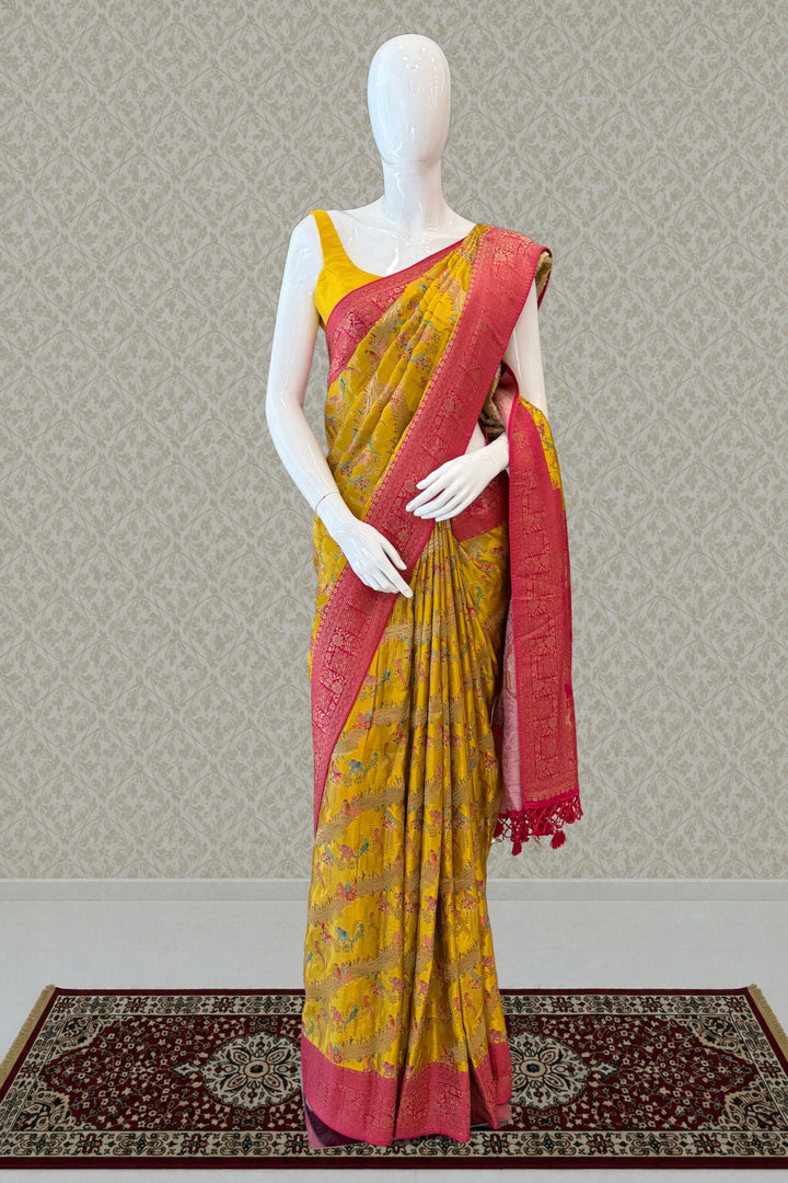 Yellow Saree Featuring Heritage Wildlife and Floral Banaras