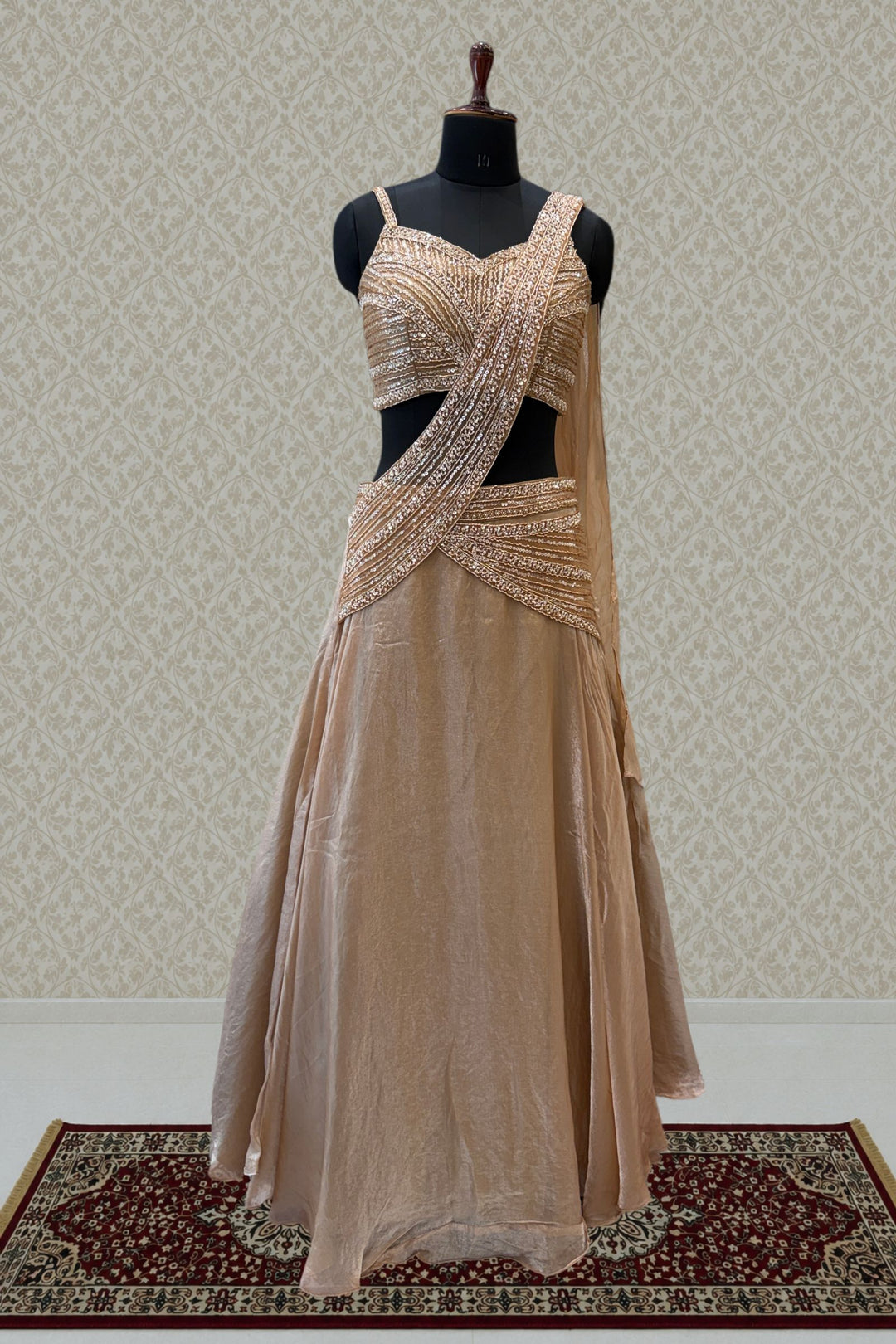 Champagne Gold Beads and Sequins work Draped Half Saree Lehenga Set