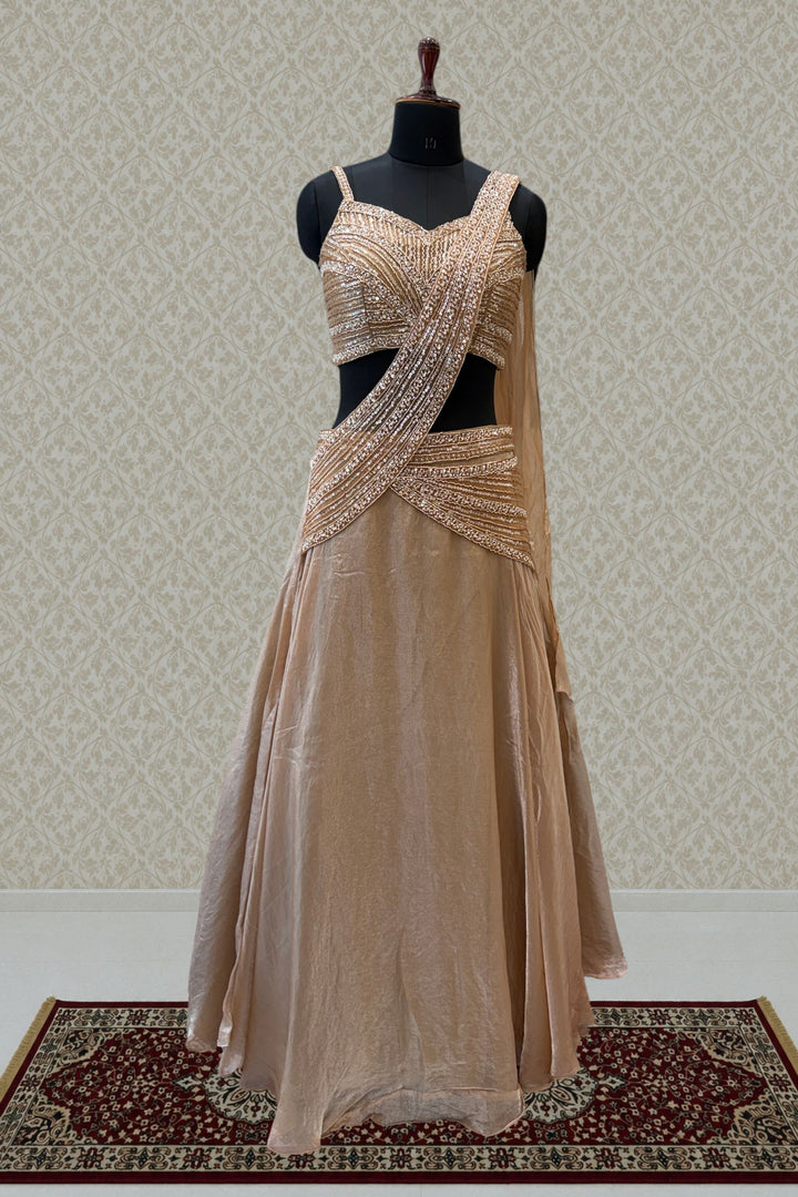 Champagne Gold Beads and Sequins work Draped Half Saree Lehenga Set
