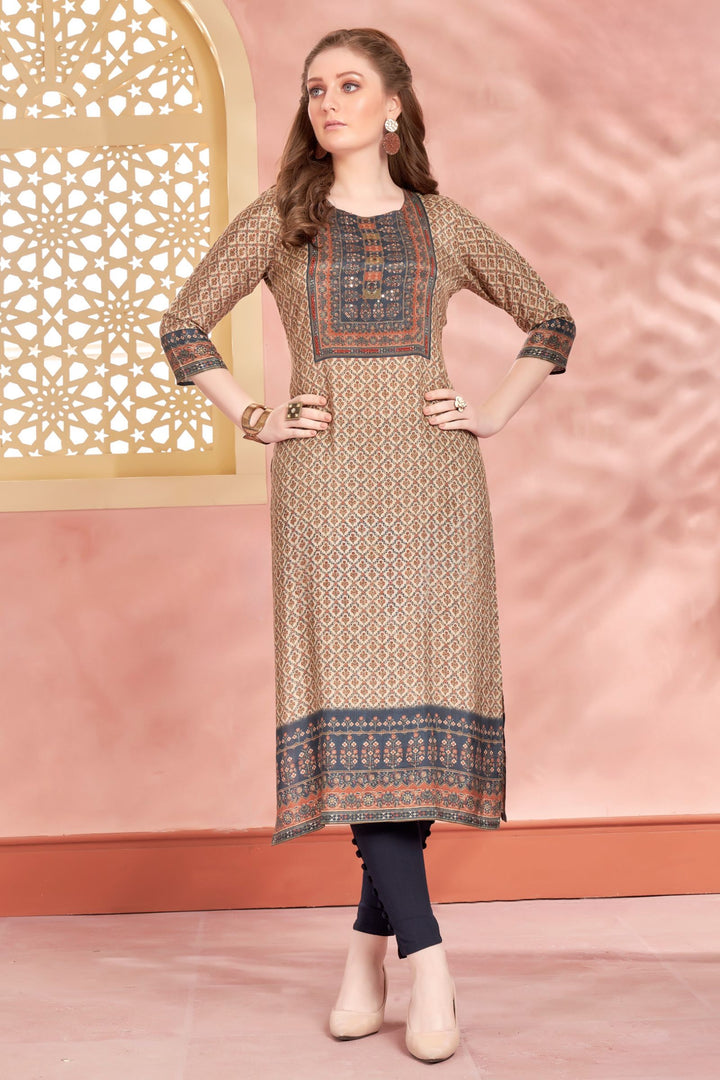 Beige Beads work with Multicolor Digital Print Calf Length Kurti