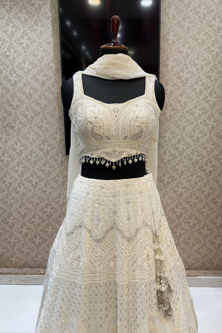 Cream Stone, Pearls, Zari, Sequins, Mirror, Beads and Embroidery work Crop Top Lehenga