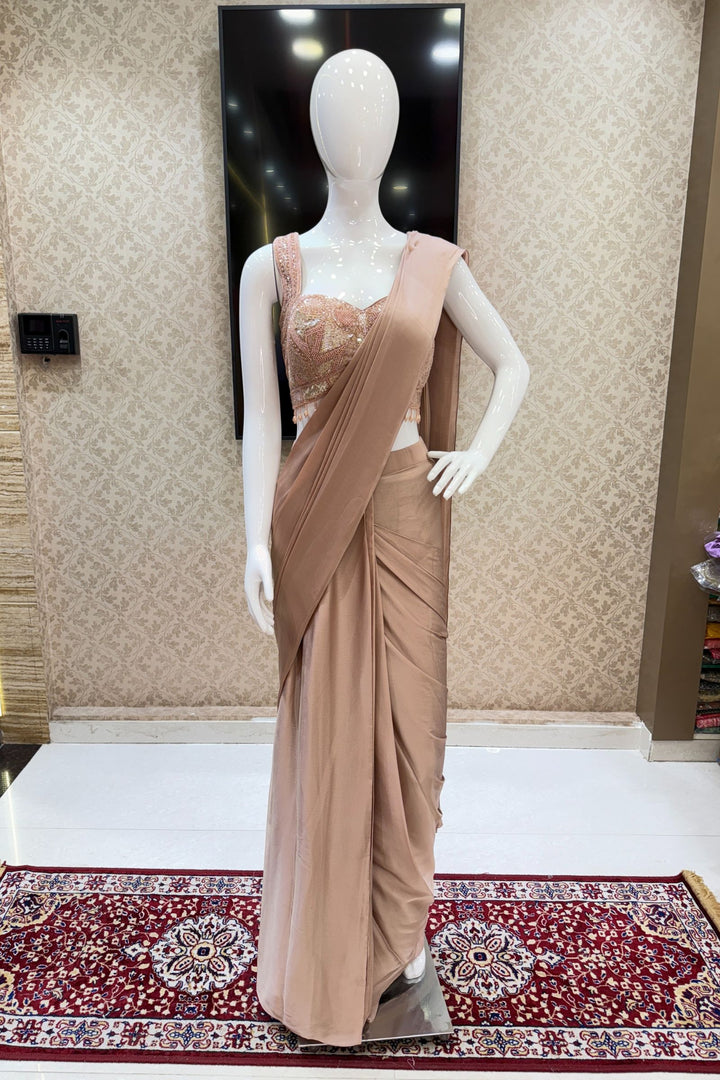 Champagne Gold Beads and Sequins work Indo-Western Styled Readymade Saree