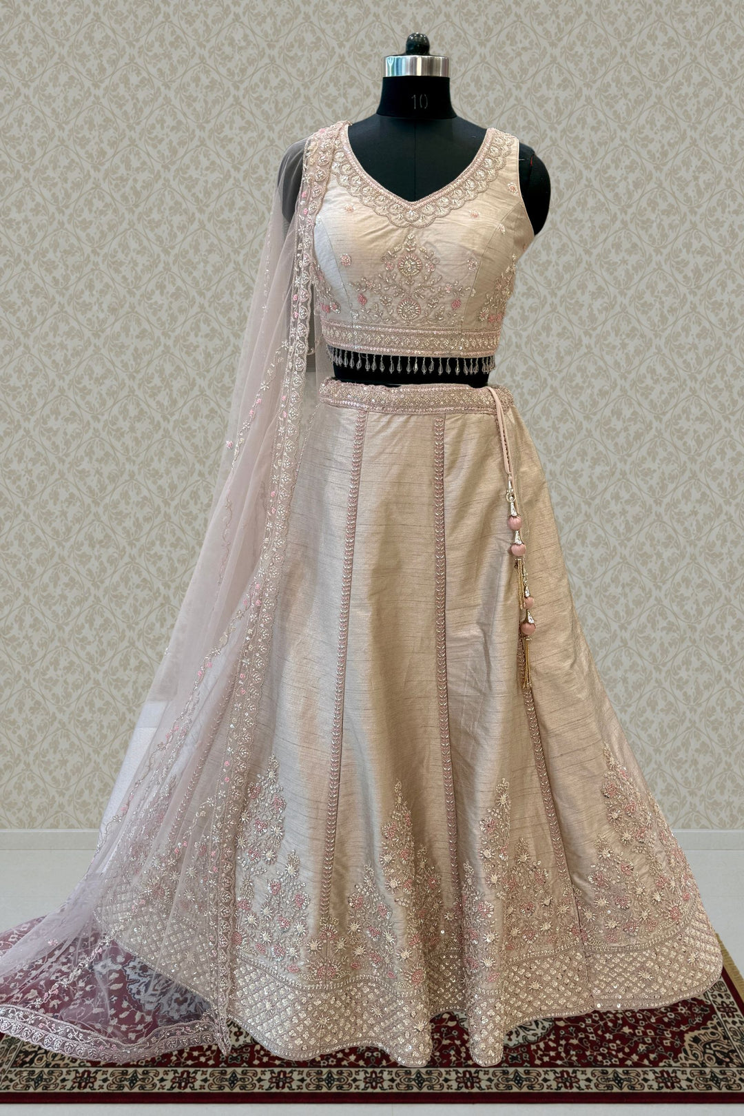 Beige Designer Bridal Lehenga Intricate Zari, Sequins and Beads work