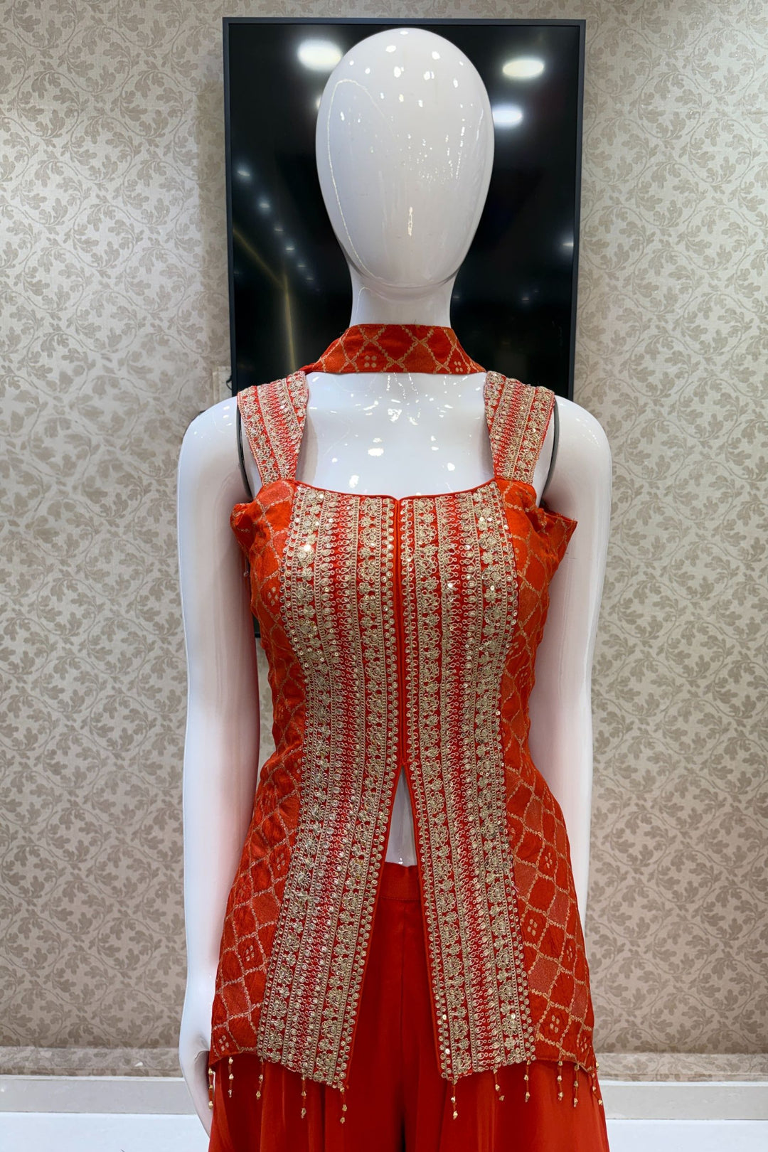 Orange Banaras Zari, Sequins and Zari Thread work Palazzo Suit Set