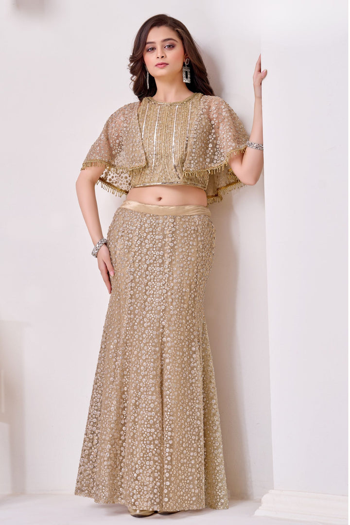 Gold with Poncho Beads and Sequins work  Indo-Western Styled Lehenga Choli for Girls