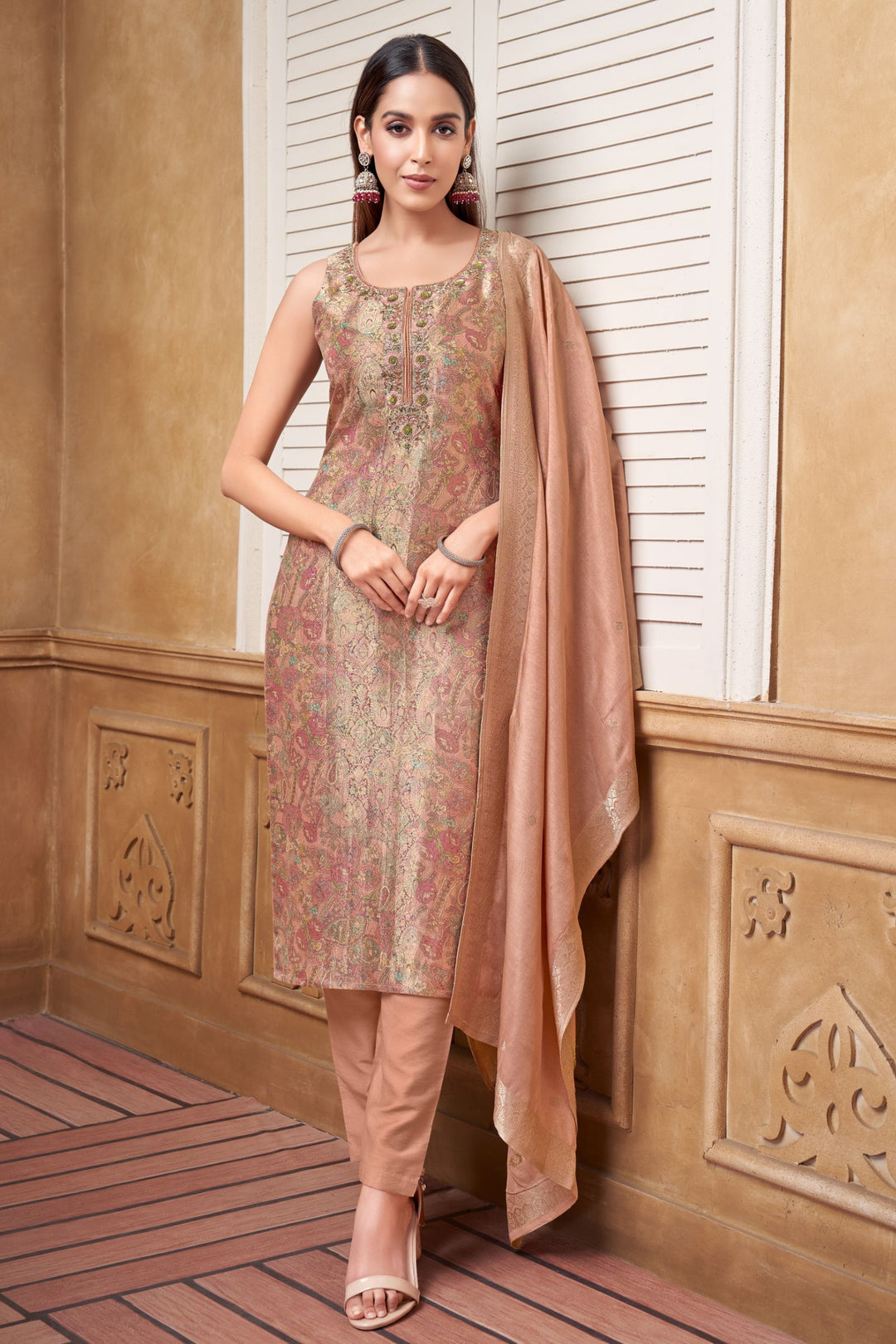 Light Peach Banaras, Zardozi, Sequins, Thread, Stone and Zari work Straight Cut Salwar Suit
