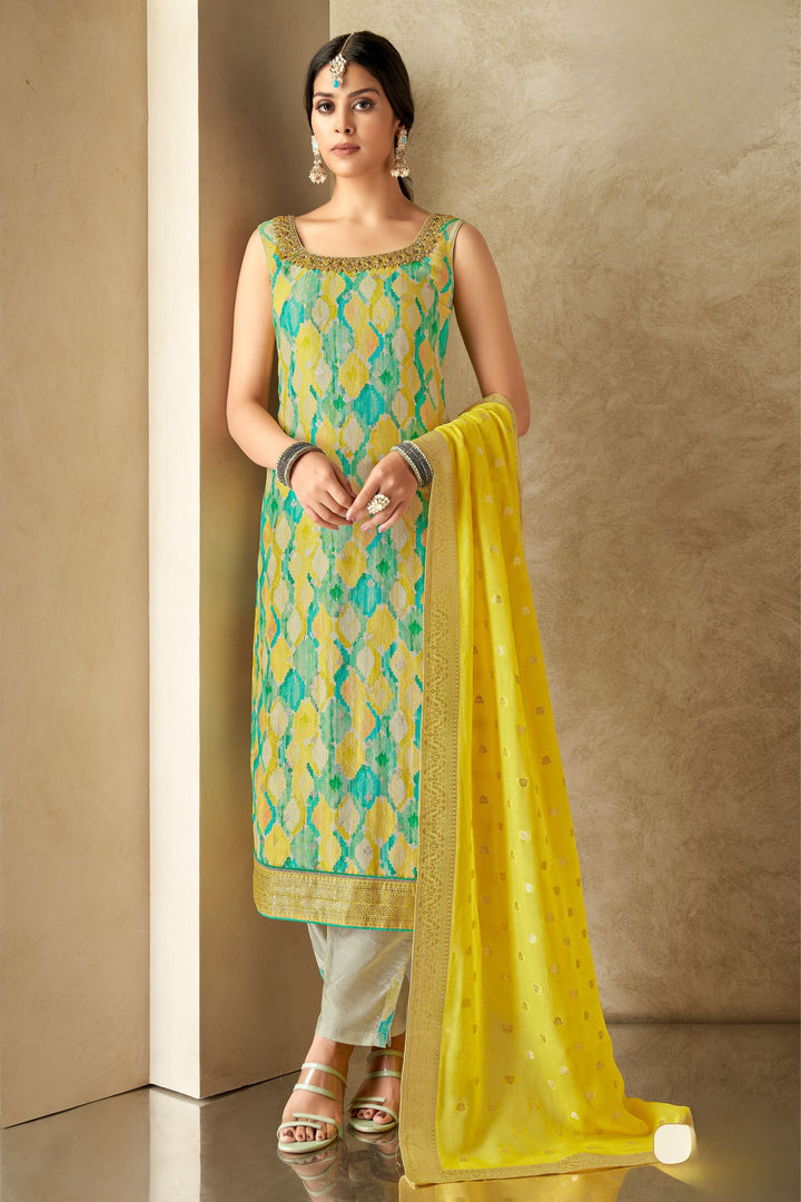 Multicolor Digital Print, Beads, Stone, Zari and Banaras work Straight Cut Salwar Suit