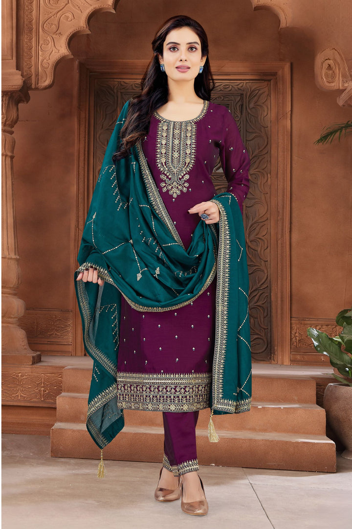 Wine Sequins, Zari, Thread and Beads work Straight Cut Salwar Suit
