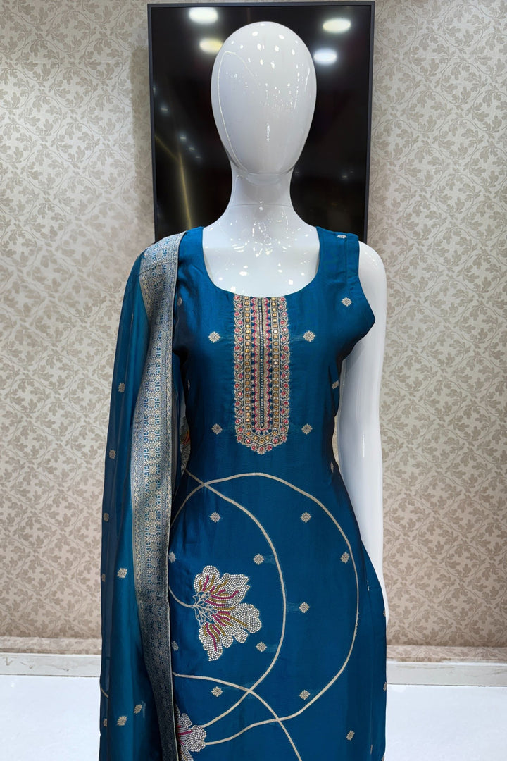 Peacock Blue Banaras, Beads and Sequins work Straight Cut Salwar Suit