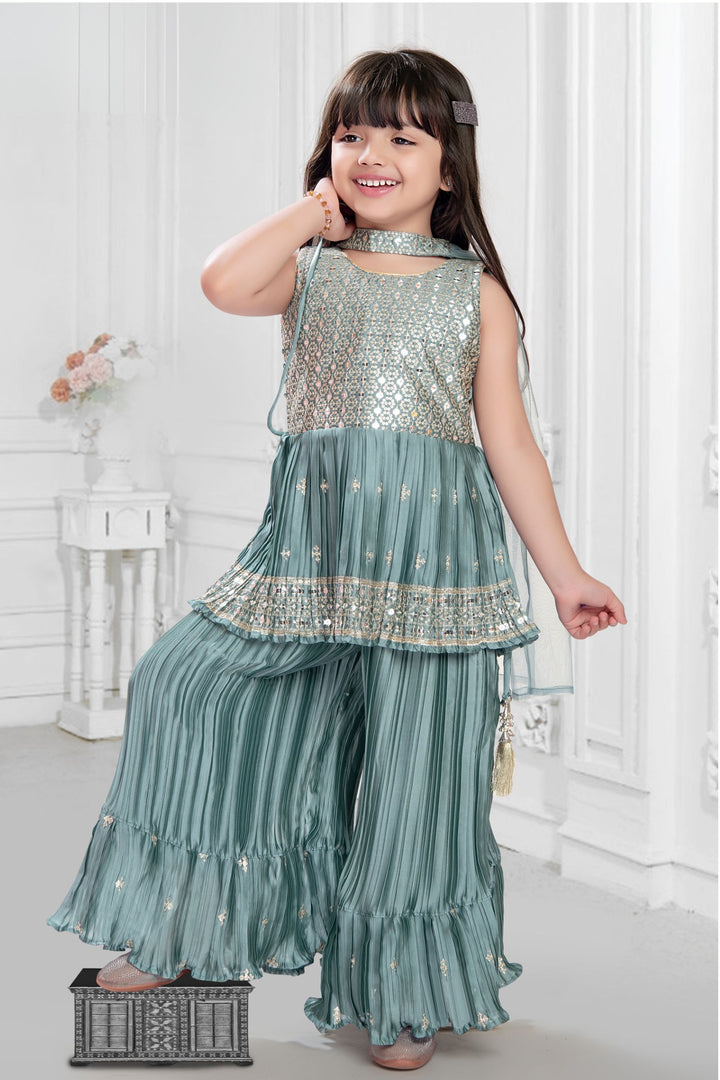 Pale Green Sequins and Zari work Peplum Top and Palazzo Set for Girls