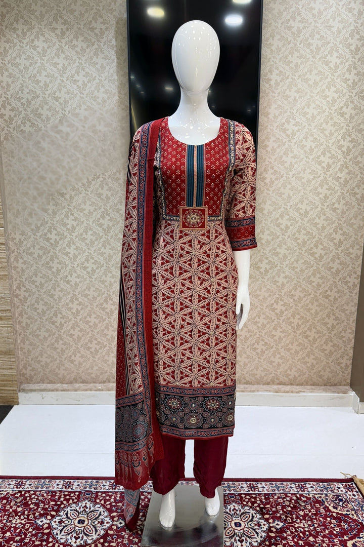 Maroon with Beige Sequins and Beads work with Ajrakh Print Straight Cut Salwar Suit