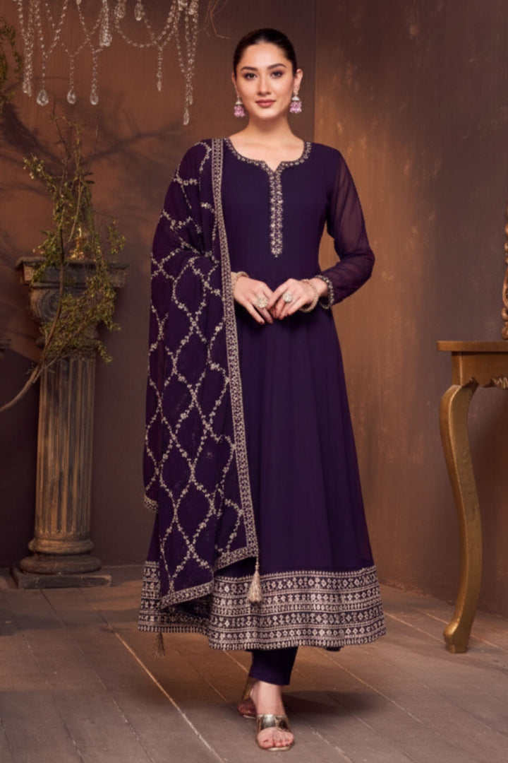 Dark Wine Stone, Sequins, Zardozi and Beads work Aline Cut Salwar Suit