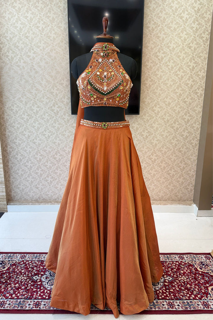 Rust Beads, Zardozi, Stone, Sequins and Pearl work with Halter Neck Crop Top Lehenga