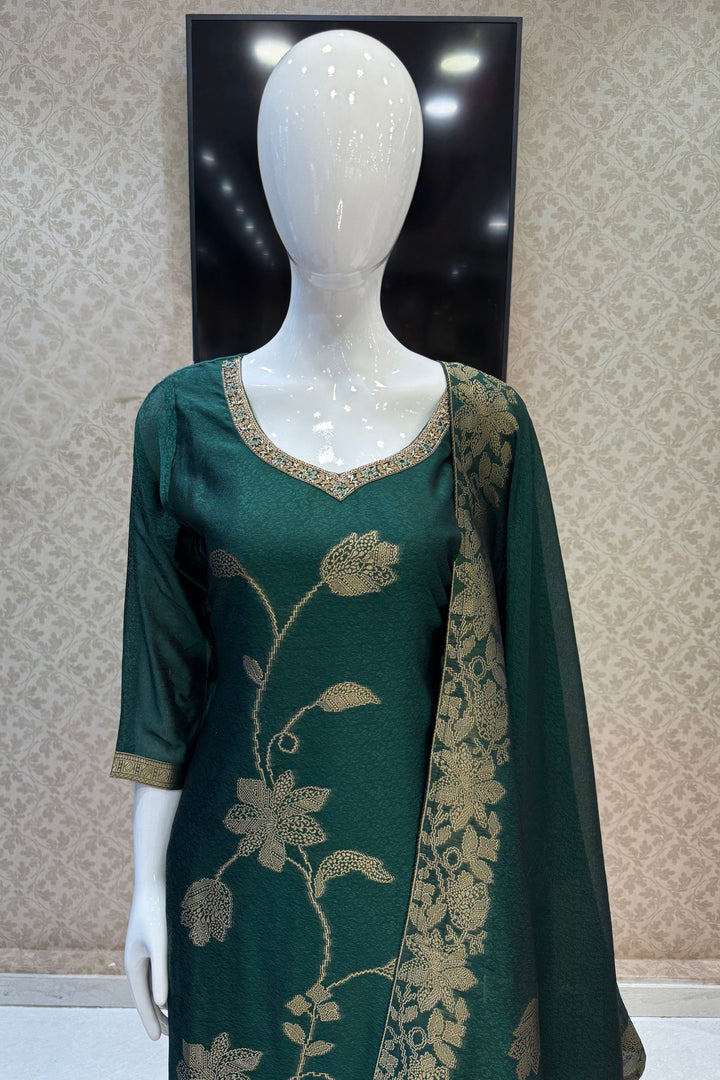 Green Banaras, Stone, Zardozi, SEquins, Beads and Zari work Straight Cut Salwar Suit