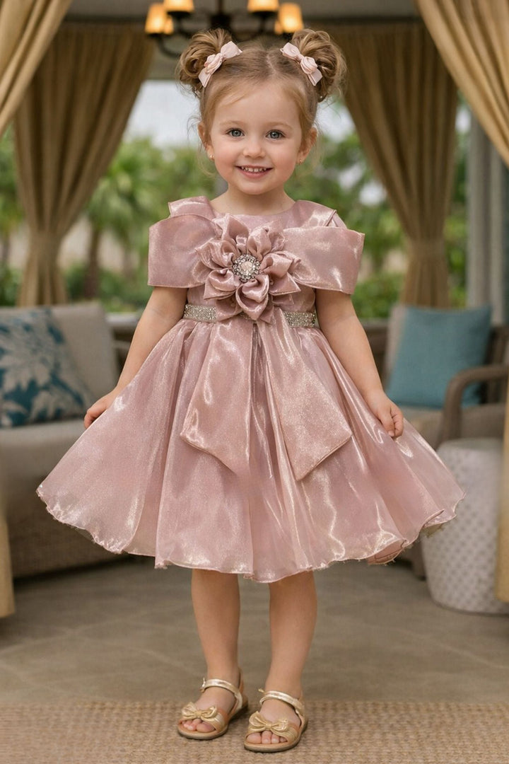 Onion Pink Stone work Short Partywear Frock for Girls