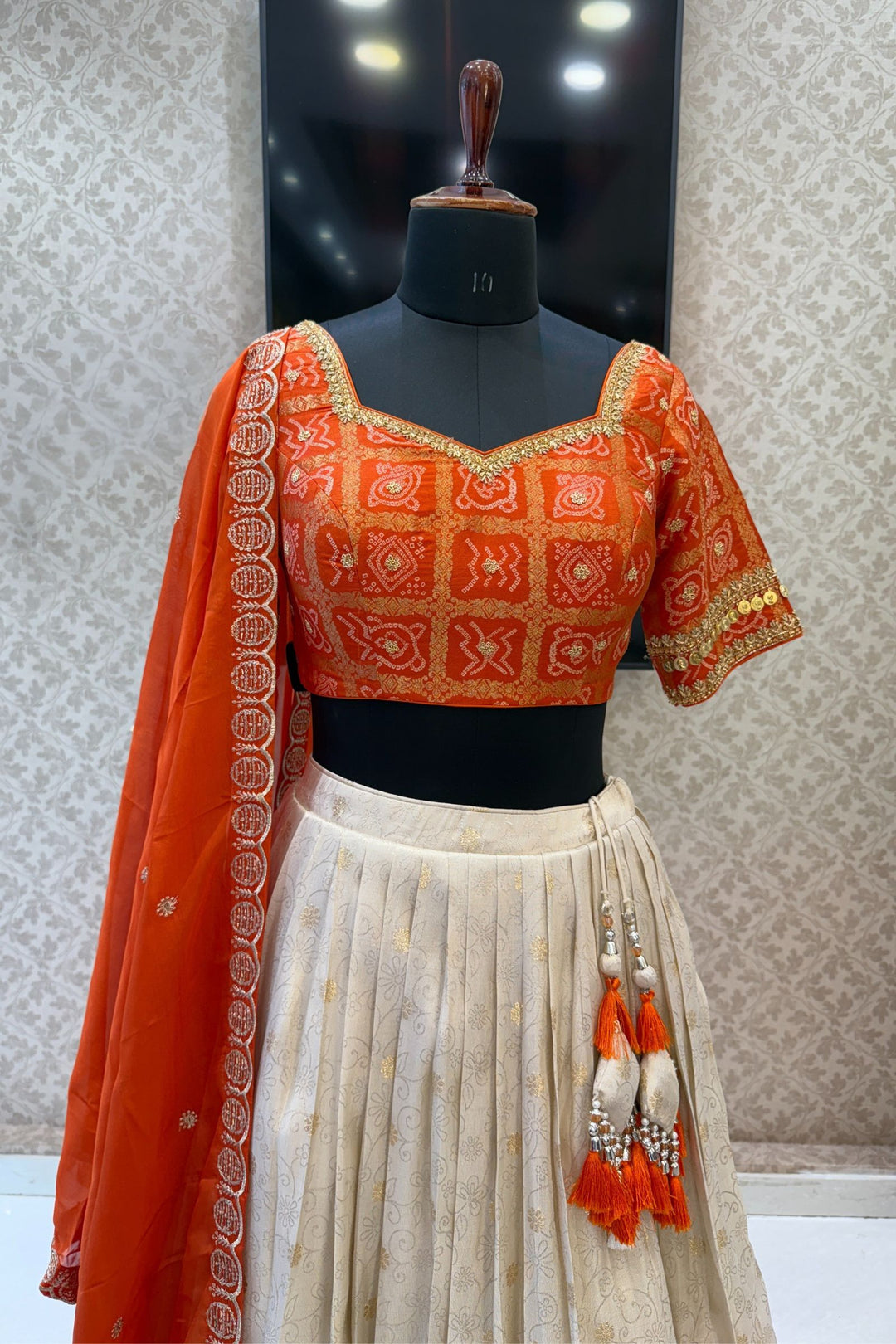 Orange with Cream Banaras, Zardozi, Sequins, Beads and Zari work Crop Top Lehenga