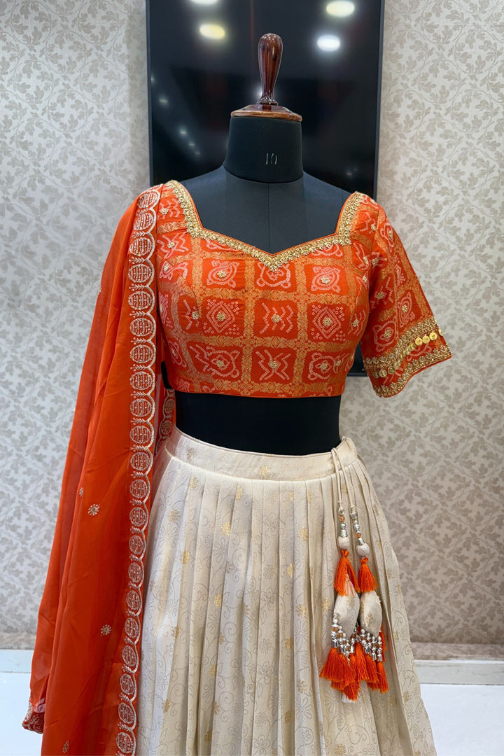 Orange with Cream Banaras, Zardozi, Sequins, Beads and Zari work Crop Top Lehenga