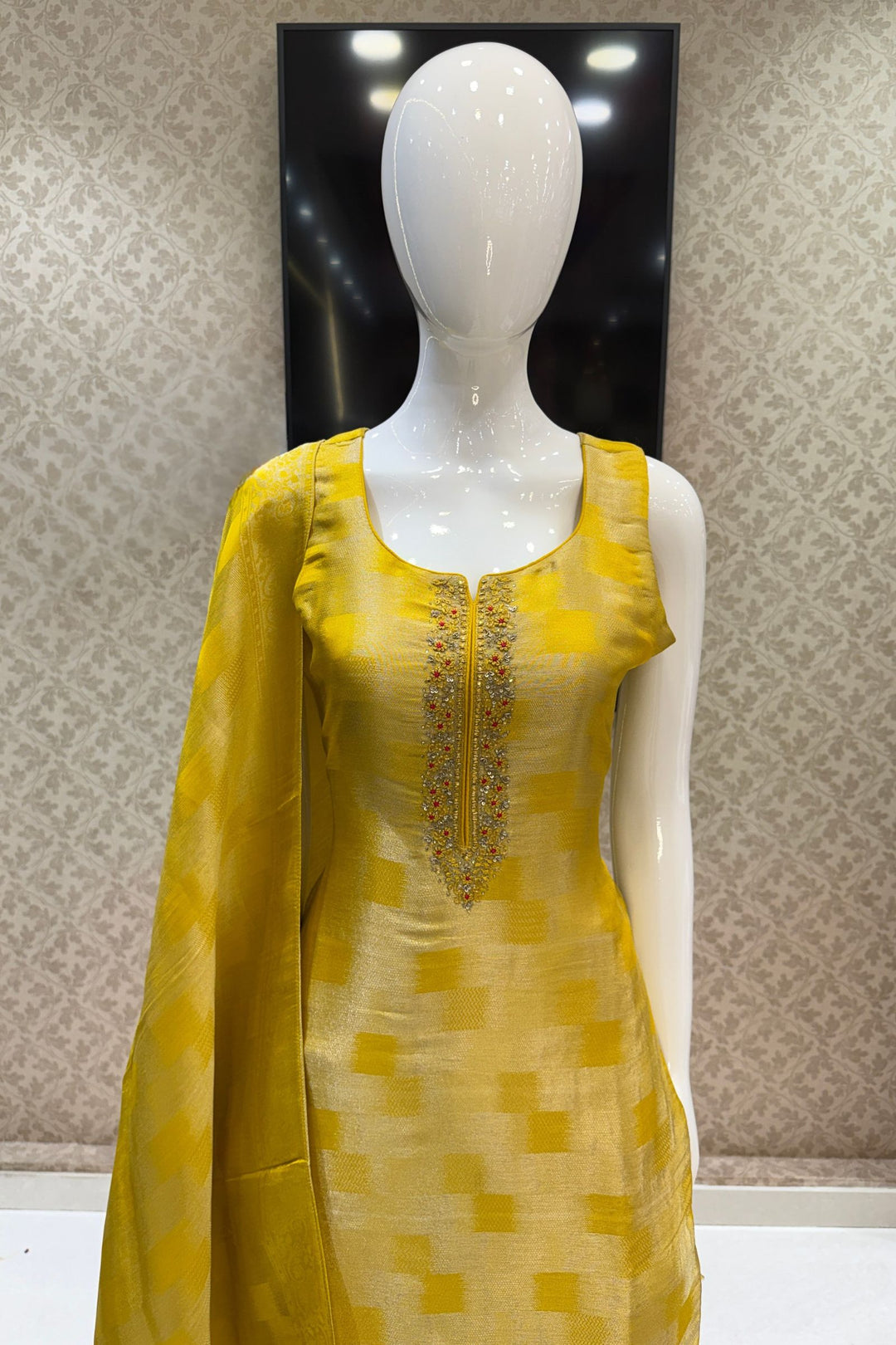 Yellow Banaras, Stone, Thread, Zardozi and Sequins work Straight Cut Salwar Suit