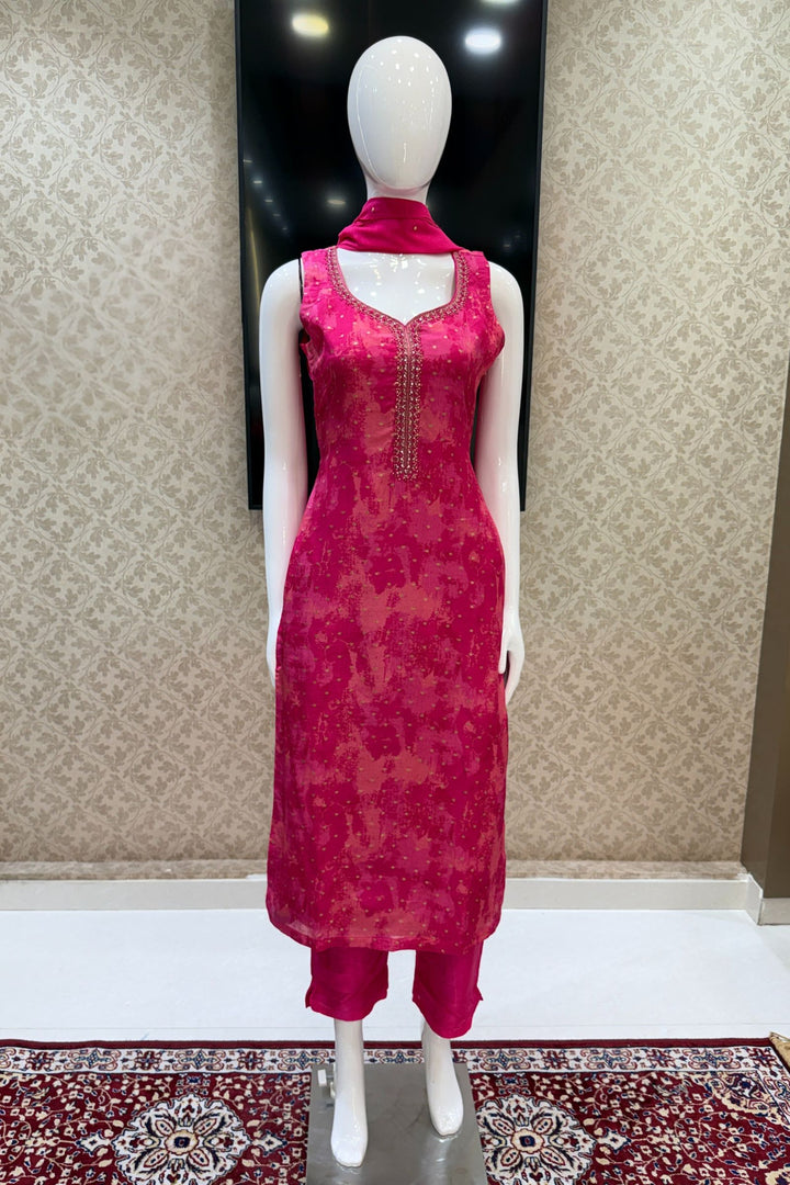 Rani Pink Zardozi, Mirror, Stone, Zari and Banaras Butta work Straight Cut Salwar Suit