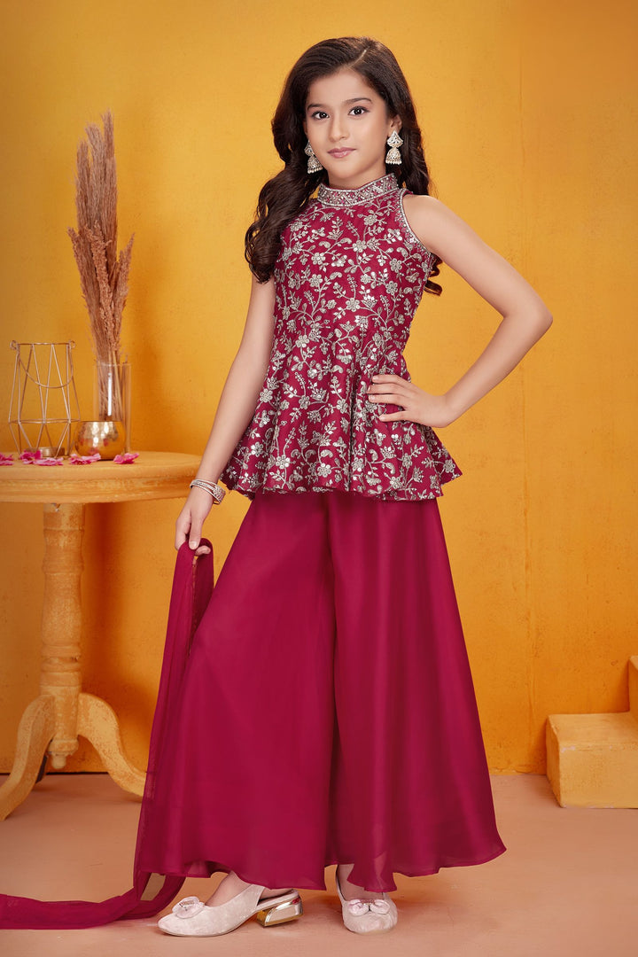 Red Silver Zari, Sequins and Stone work Peplum Styled Palazzo Set For Girls