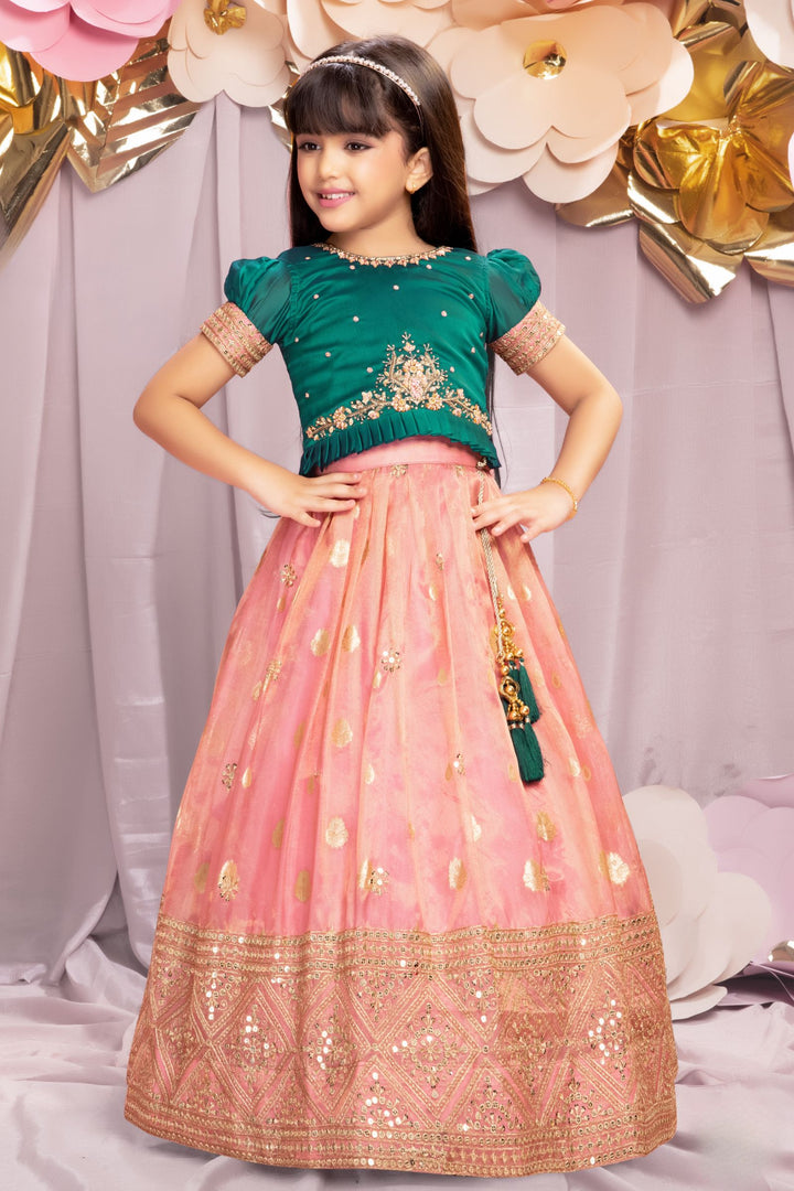 Green with Peach Stone, Zardozi, Sequins and Zari Weaving work Lehenga Choli for Girls