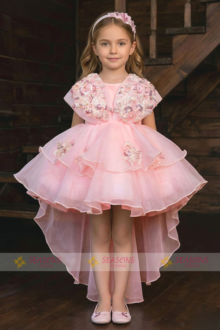 Baby Pink Sequins and Beads work Tail Cut Double Layered Partywear Frock for Girls