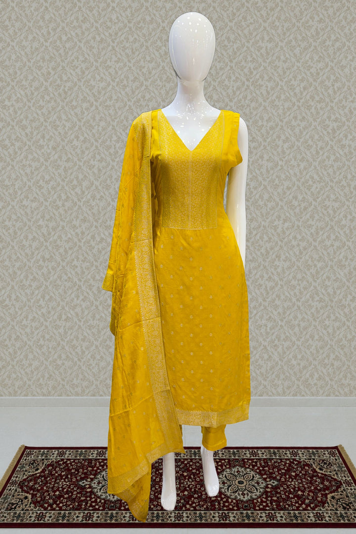 Yellow Banaras work V-Neck Straight Cut Salwar Suit