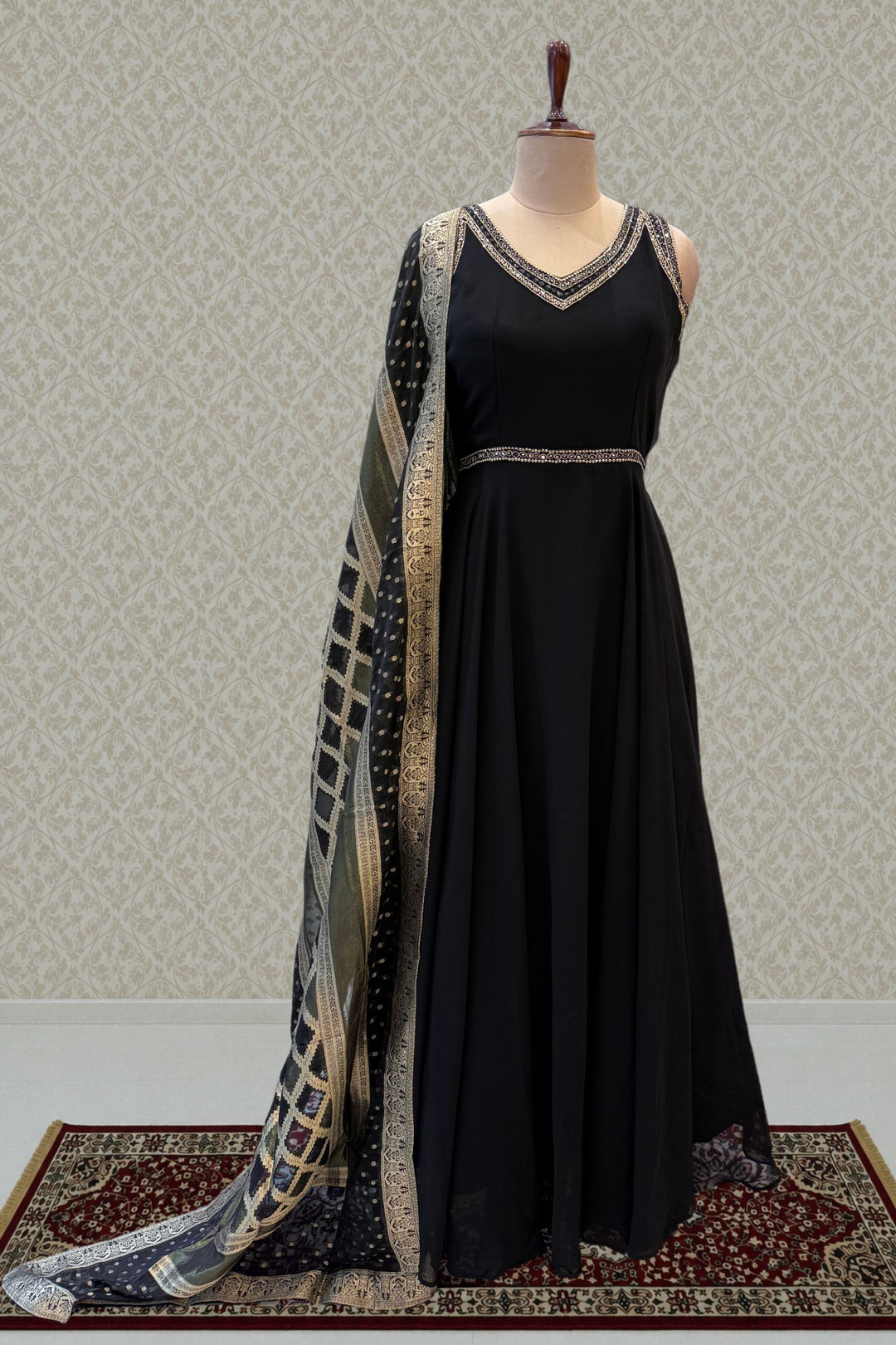 Black Beads and Sequins work Anarkali Gown with Traditional Banaras work Dupatta