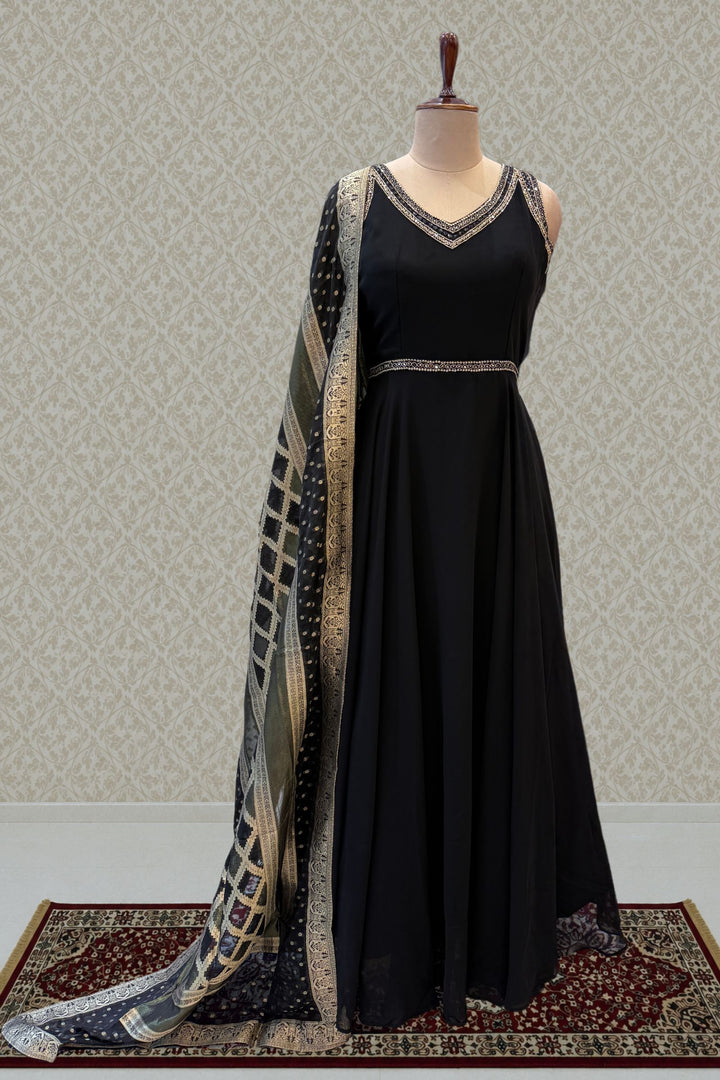 Black Beads and Sequins work Anarkali Gown with Traditional Banaras work Dupatta