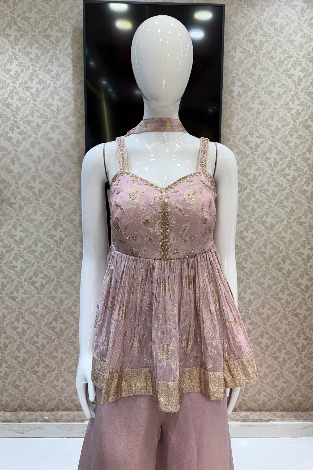 Baby Pink Banaras, Beads, Zardozi, Stone and Mirror work Peplum Top with Palazzo Suit Set