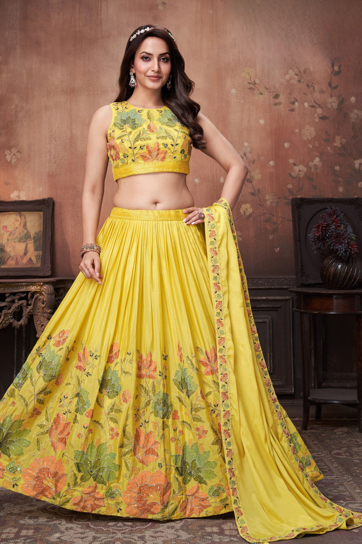 Yellow Multicolor Thread, Beads, Zari Thread and Sequins work Crop Top Lehenga