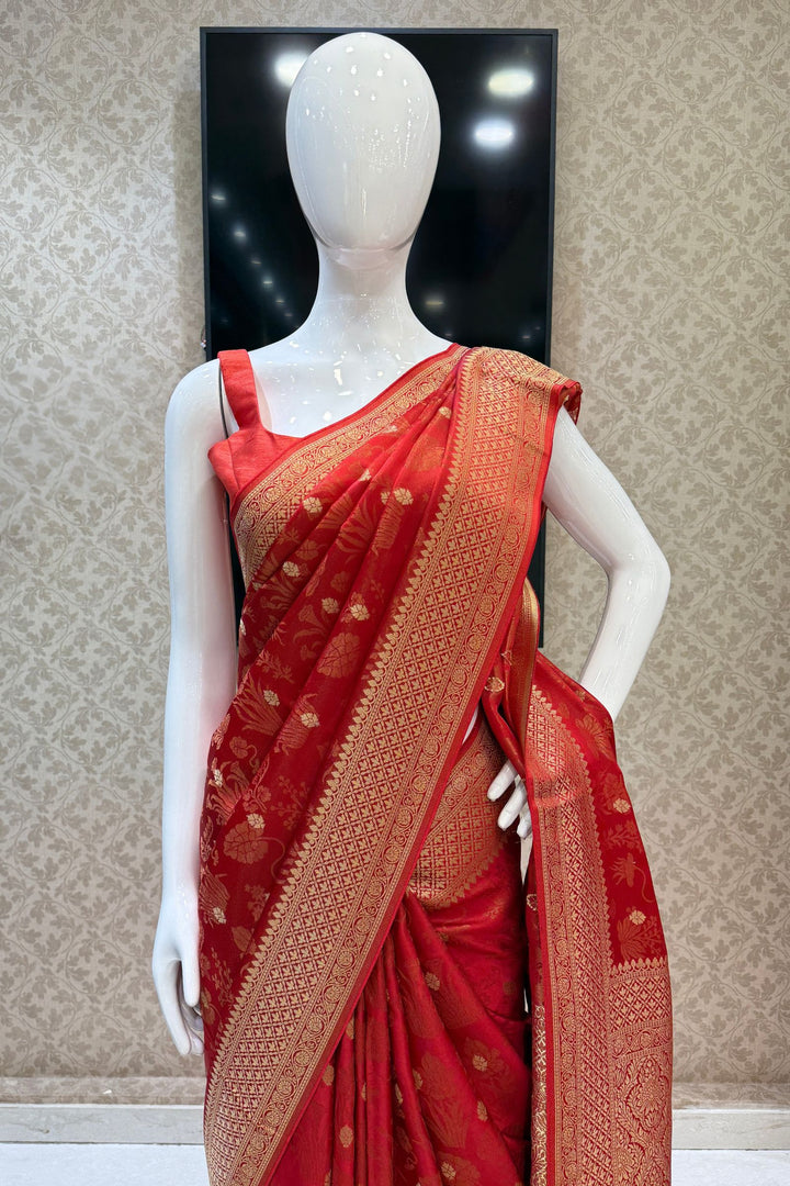 Orange Banaras Zari work Saree